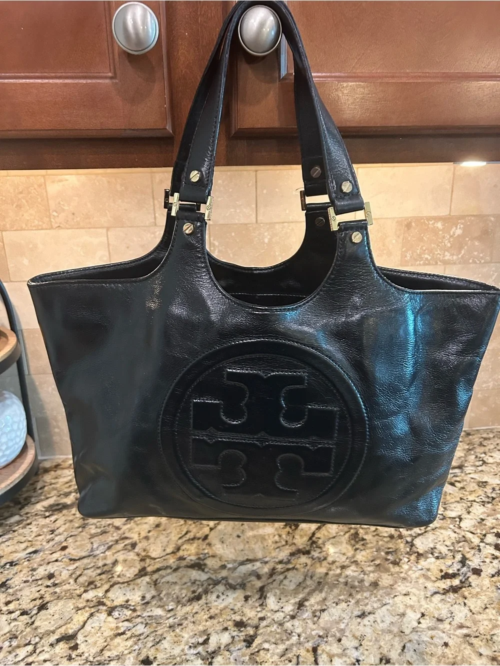 Tory Burch Black Leather Logo Tote with Gold Hardware